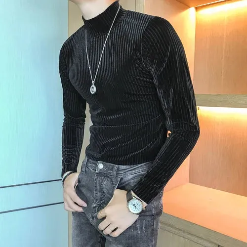 Velours Homme 2019 Autumn Heren Velvet T shirt Green Turtleneck Khaki T Shirts Mens Stripe T-shirts Slim Fit Mens T Shirt Retro