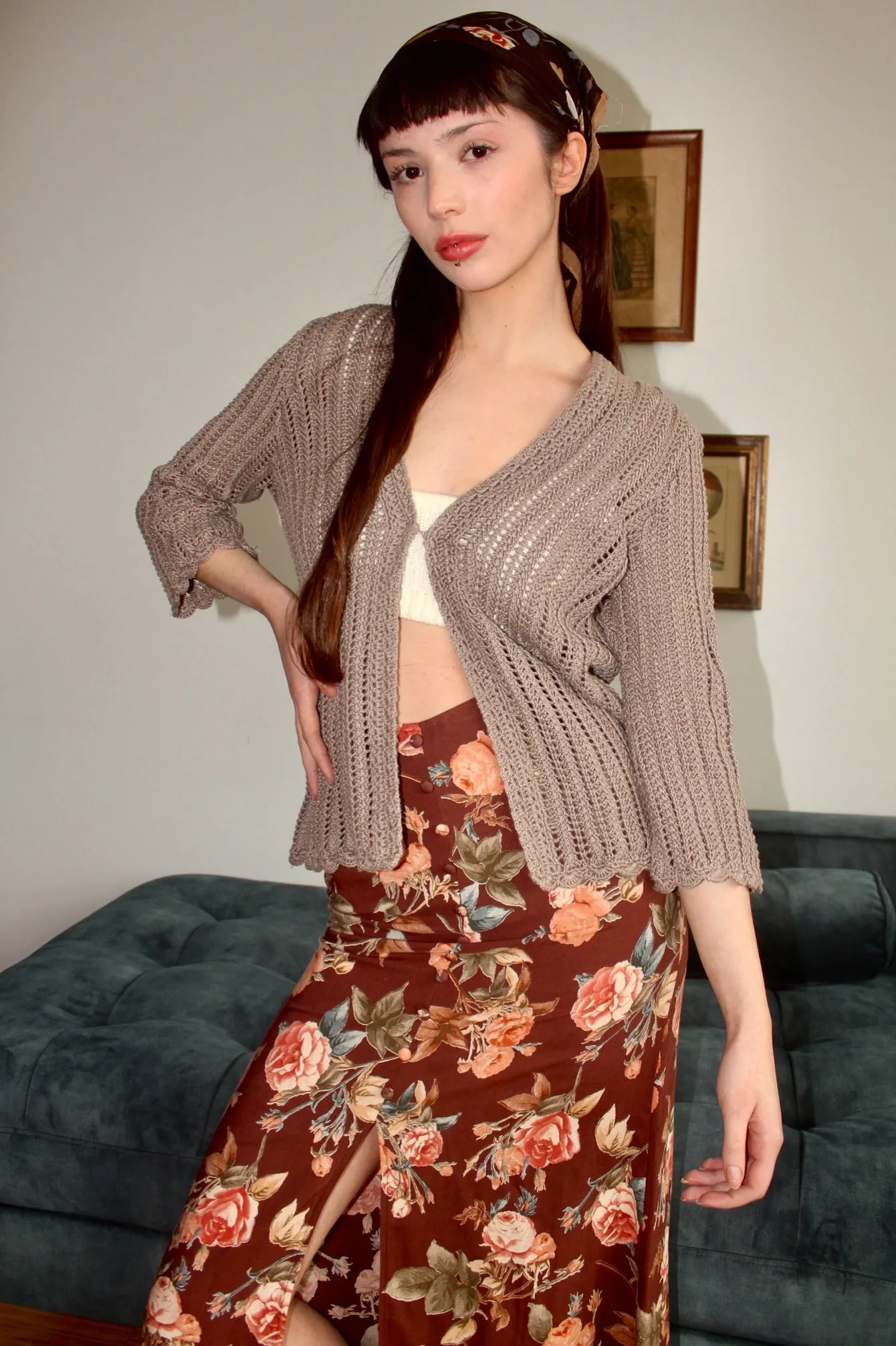 Vintage 90s Taupe Split Front Knit (M)