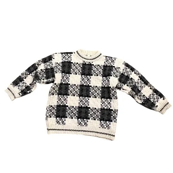 Vintage 90's Wool Chunky Pullover Plaid Sweater, Hand Knit, Cream Gray, XL