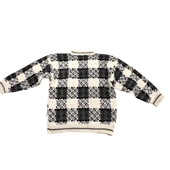 Vintage 90's Wool Chunky Pullover Plaid Sweater, Hand Knit, Cream Gray, XL