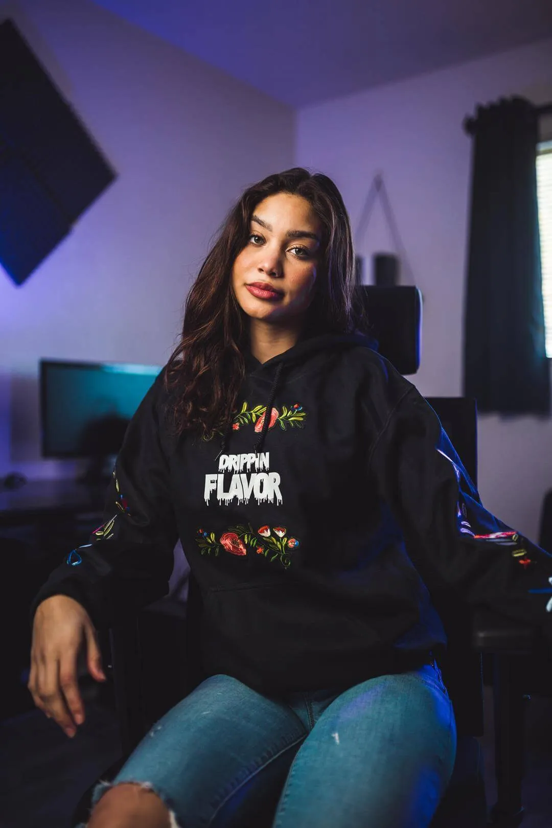 White Drippin Flavor | Floral Black Hoodie (=)