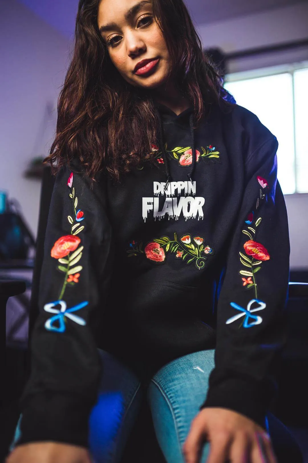 White Drippin Flavor | Floral Black Hoodie (=)