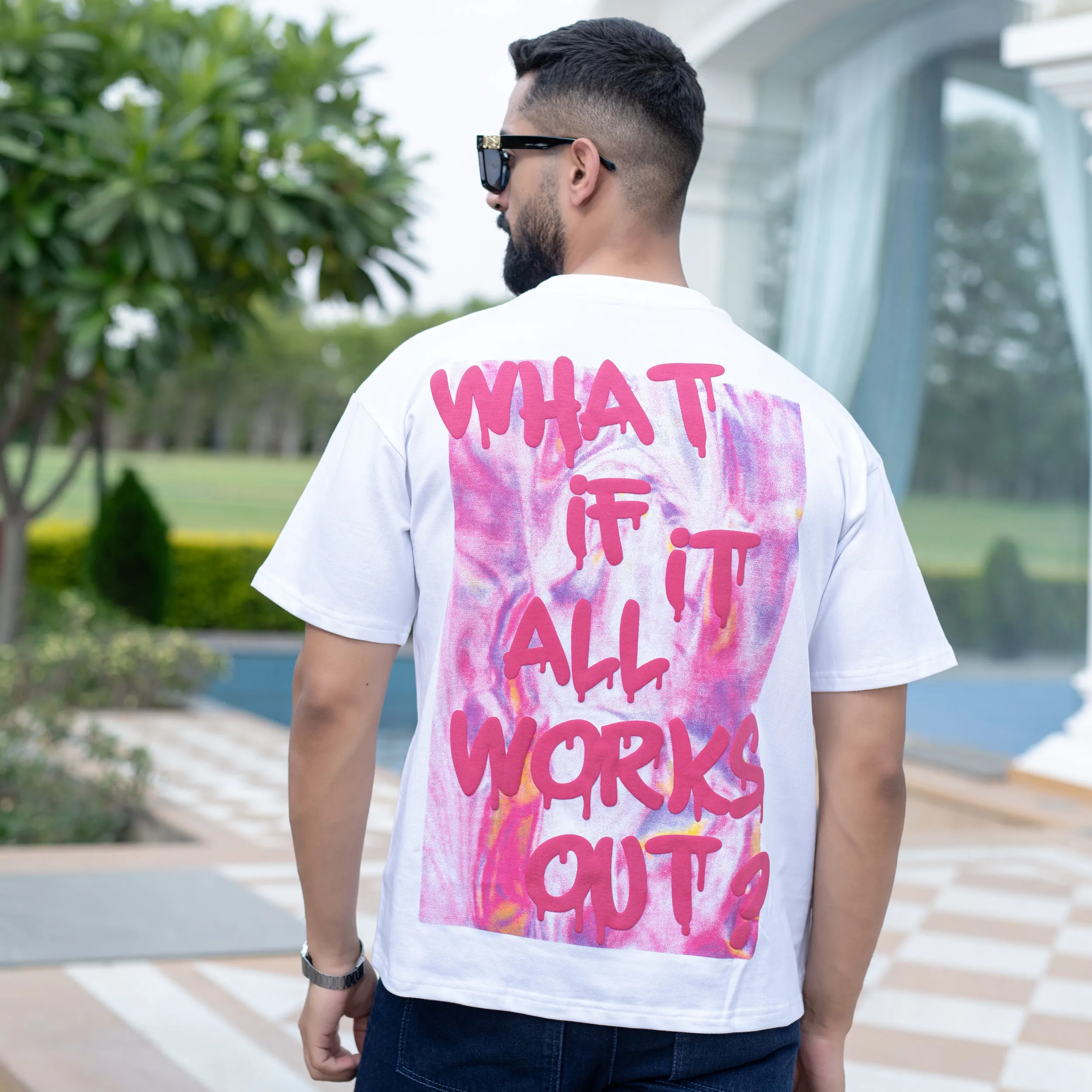 White What If It All Works Out Oversized Half Sleeves Cotton Printed T-Shirt