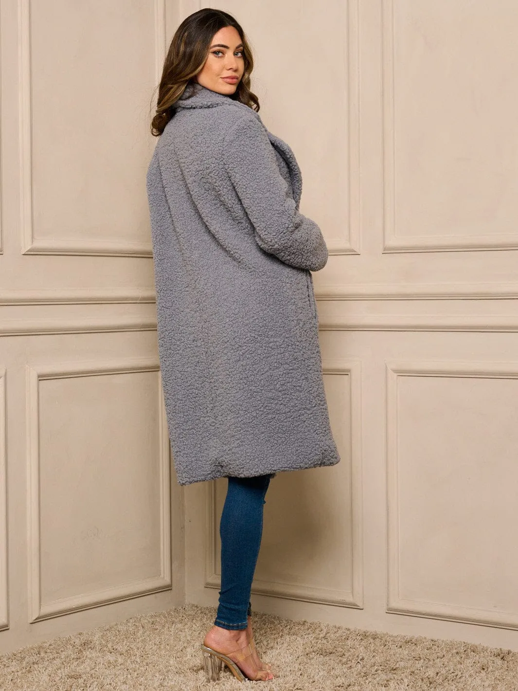 WOMEN'S LONG SLEEVE POCKETS OPEN FRONT SHERPA COAT