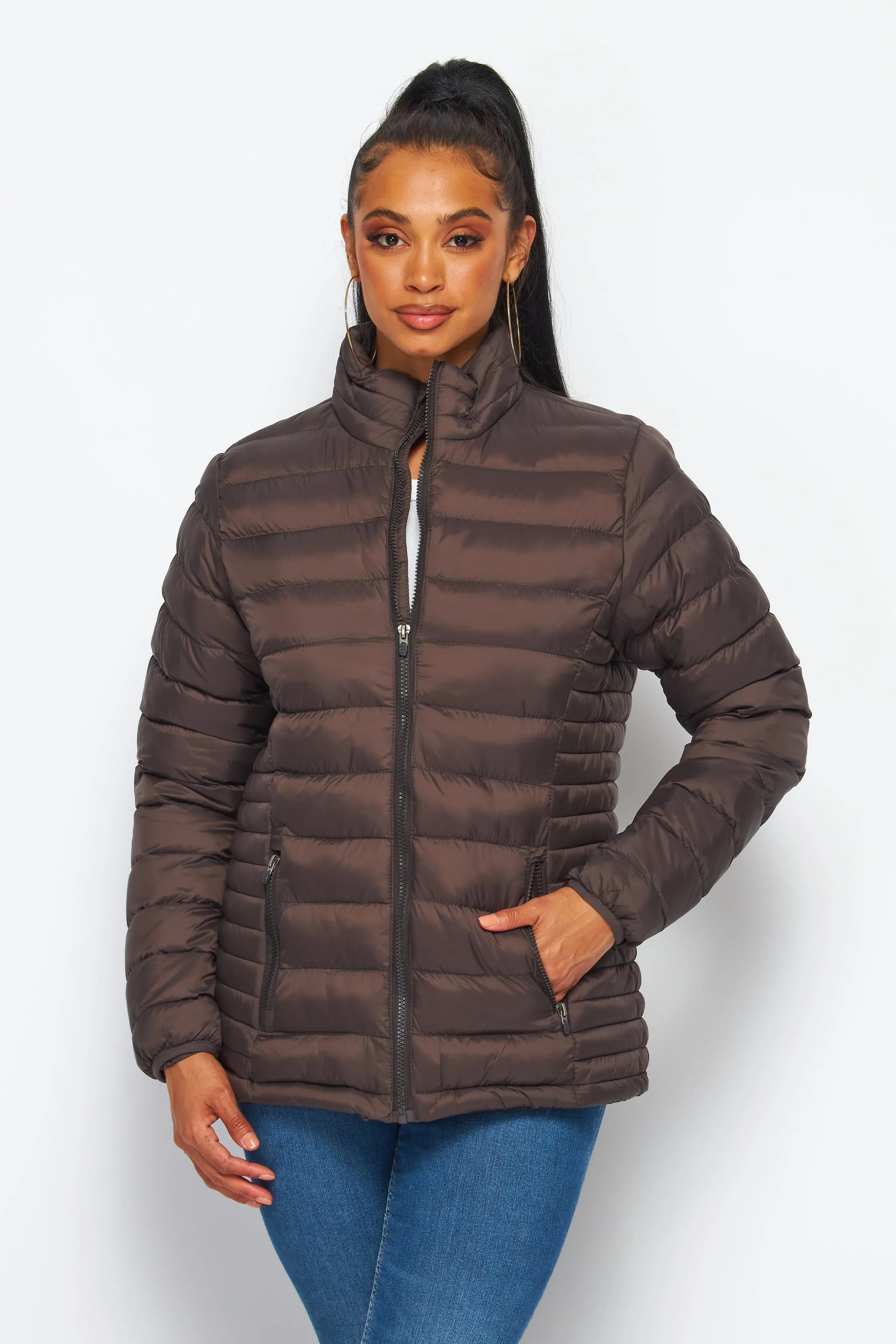Women's Soft Coated Winter Puffer Jackets-LJ640-BROWN