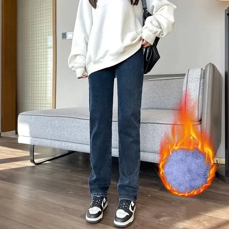 Womens Winter Fleece Jeans, High Stretch Thick Denim, Full Length, Straight Fit, Multi-Color Options