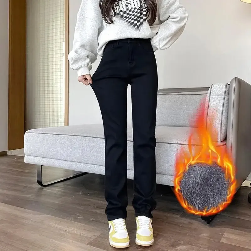 Womens Winter Fleece Jeans, High Stretch Thick Denim, Full Length, Straight Fit, Multi-Color Options
