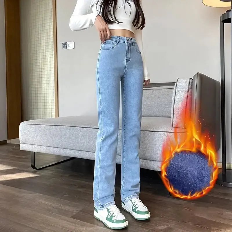 Womens Winter Fleece Jeans, High Stretch Thick Denim, Full Length, Straight Fit, Multi-Color Options